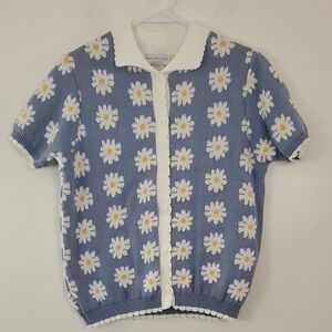 Vintage Sweater Loft Daisy Knit Button Sweater Size Small Lettuce Hem Grannycore